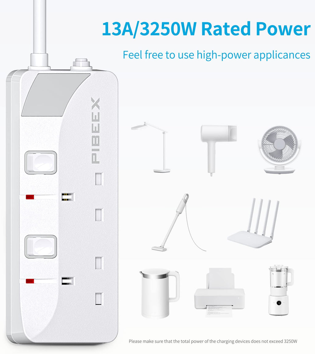 PIBEEX Extension Lead 2 Way Plug Sockets with Individual Switches Wall Mountable Power Strip 3M Extension Cable 13A Fused UK Plug 3250W