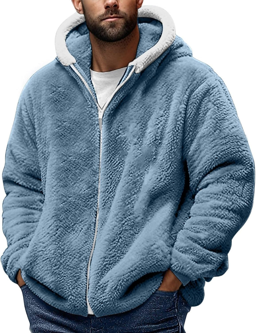 Teddy Fleece Jacket Mens, Full Zip Up Hoodies Long Sleeve Sherpa Fleece Winter Coats Fluffy Warm Jackets Thick Plush Oversized Hoodie Thermal Hooded Jumper Coat Cozy Cardigan Plus Size