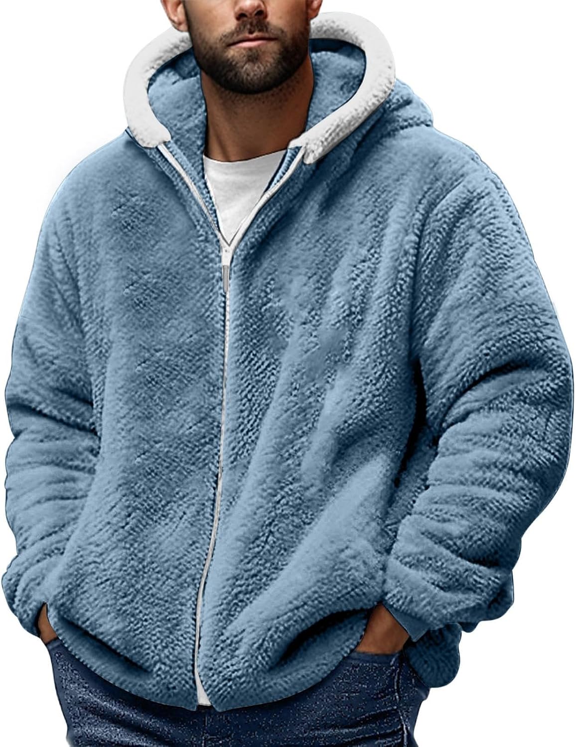 Teddy Fleece Jacket Mens, Full Zip Up Hoodies Long Sleeve Sherpa Fleece Winter Coats Fluffy Warm Jackets Thick Plush Oversized Hoodie Thermal Hooded Jumper Coat Cozy Cardigan Plus Size