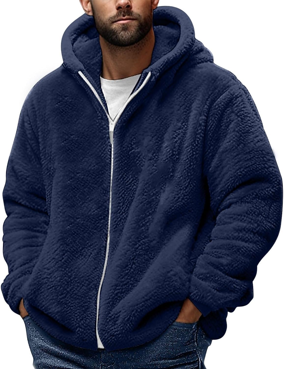 Teddy Fleece Jacket Mens, Full Zip Up Hoodies Long Sleeve Sherpa Fleece Winter Coats Fluffy Warm Jackets Thick Plush Oversized Hoodie Thermal Hooded Jumper Coat Cozy Cardigan Plus Size