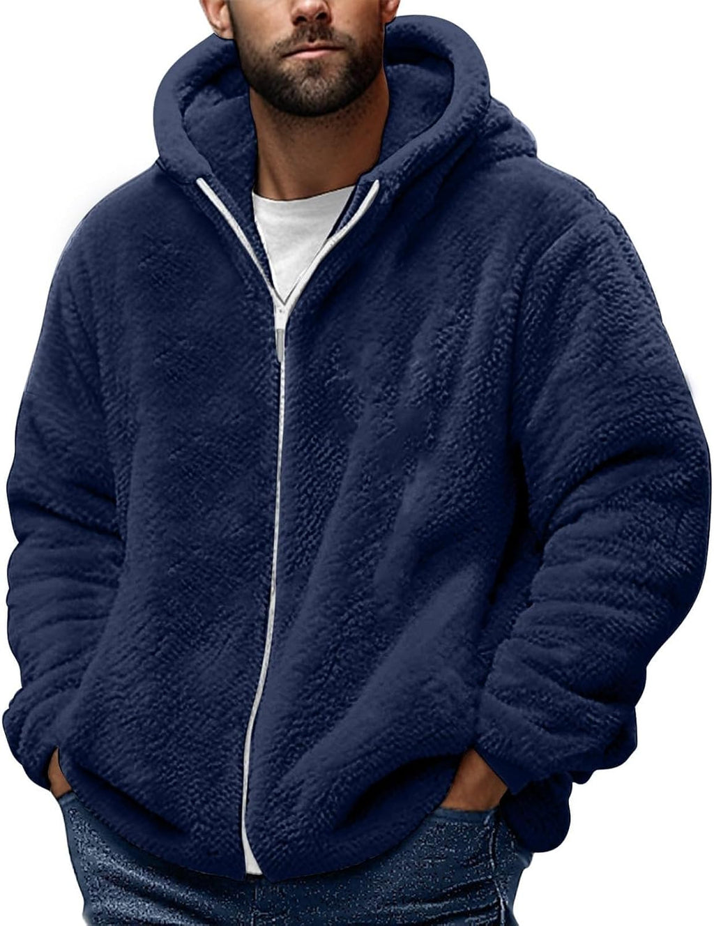 Teddy Fleece Jacket Mens, Full Zip Up Hoodies Long Sleeve Sherpa Fleece Winter Coats Fluffy Warm Jackets Thick Plush Oversized Hoodie Thermal Hooded Jumper Coat Cozy Cardigan Plus Size
