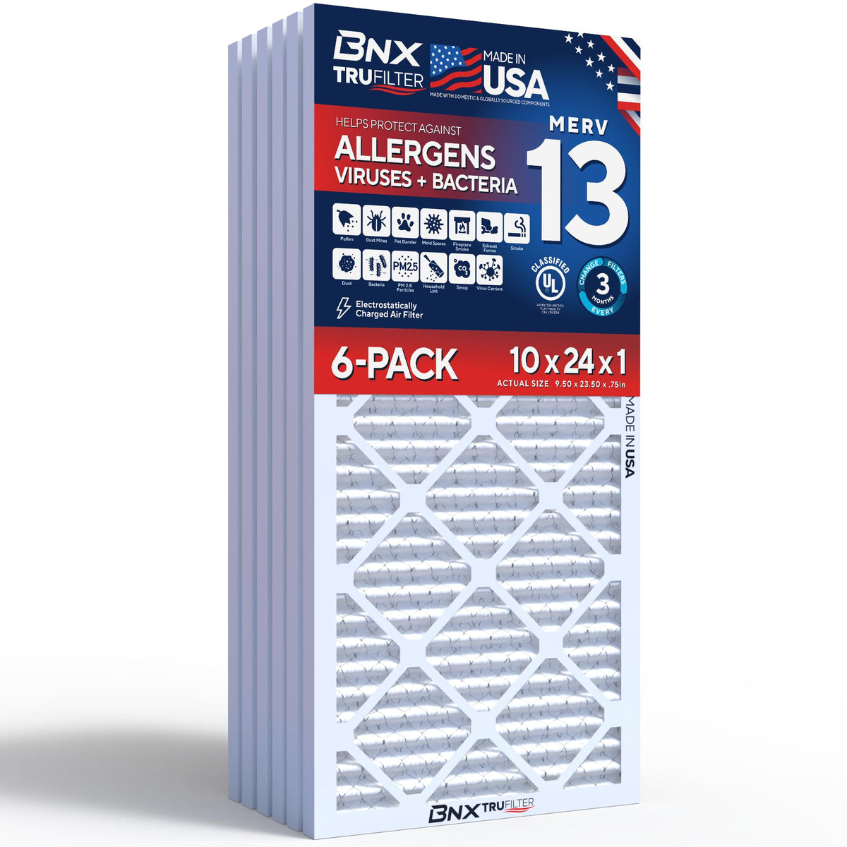 BNX TruFilter 20x20x1 Air Filter MERV 13 Smoke, Allergy, Pet Defense 6-Pack