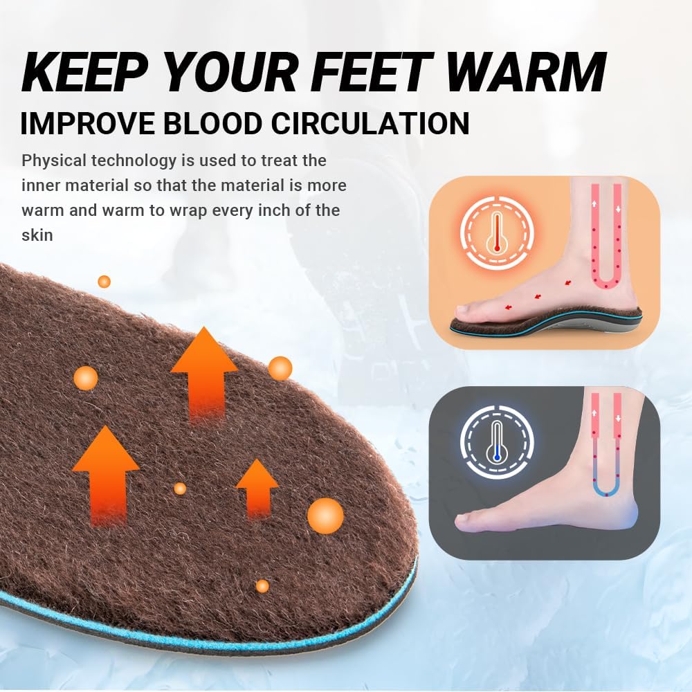 VALSOLE Thick Warm Wool Insoles for Men Women,Orthotic Insole,Arch SupportFor Insole,Plantar FasciitisInsole,for OverPronation,Flat Feet,Metatarsalgia,Heel Pain,Fleece Thermal Insoles(4-23cm,Brown)