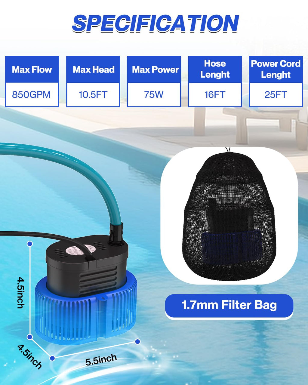 AgiiMan 850GPH Pool Cover Pump, Submersible Sump Pump above Ground
