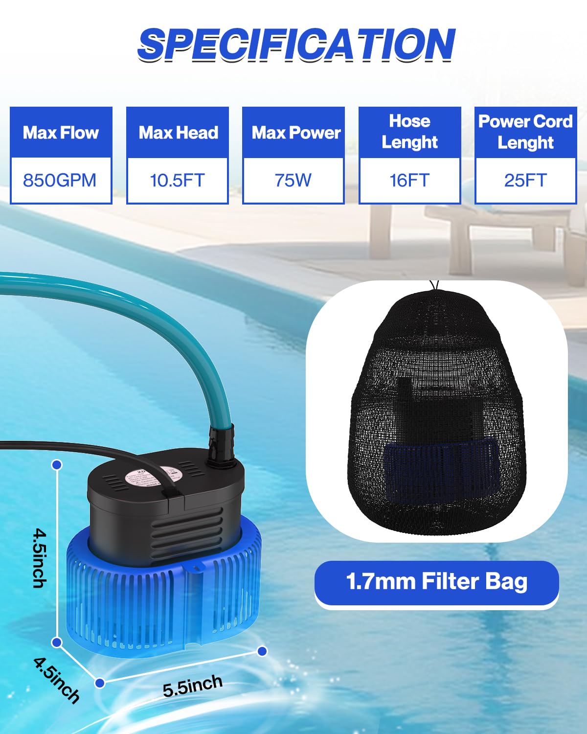 AgiiMan 850GPH Pool Cover Pump, Submersible Sump Pump above Ground