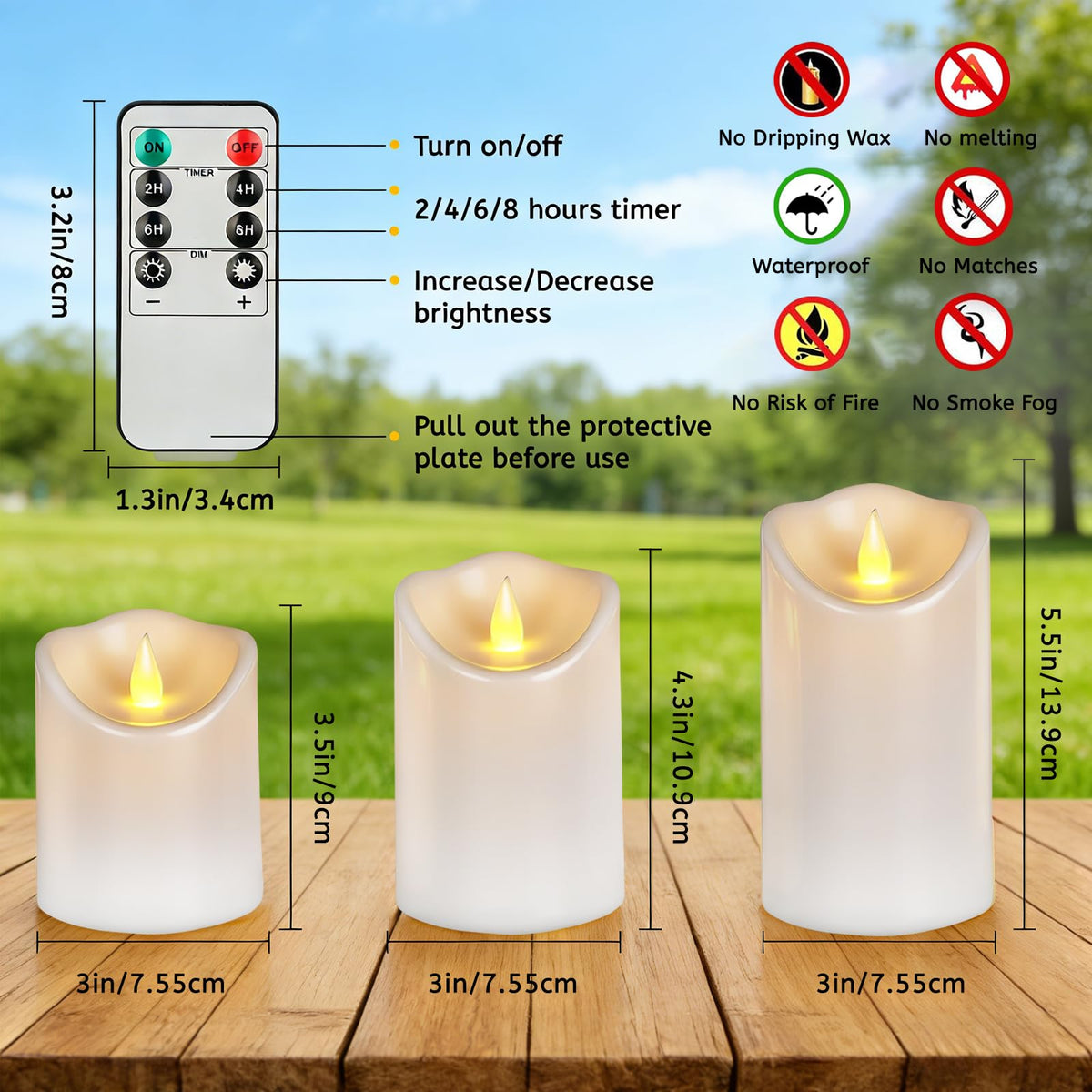 Outdoor Flameless Candles, Patented 3D Dual-LED, Set of 2 Slanted Plastic Pillars with Remote, Waterproof Non-Melting Battery Operated Decor for Bathroom Bedroom Gift, Black (D3 x H6)