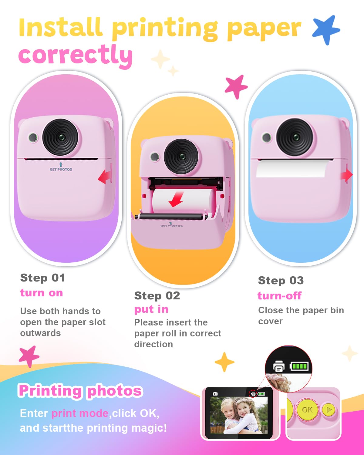 Kids Camera Instant Print,1080P Kids Digital Camera,Girls Gifts Toys Age 3+
