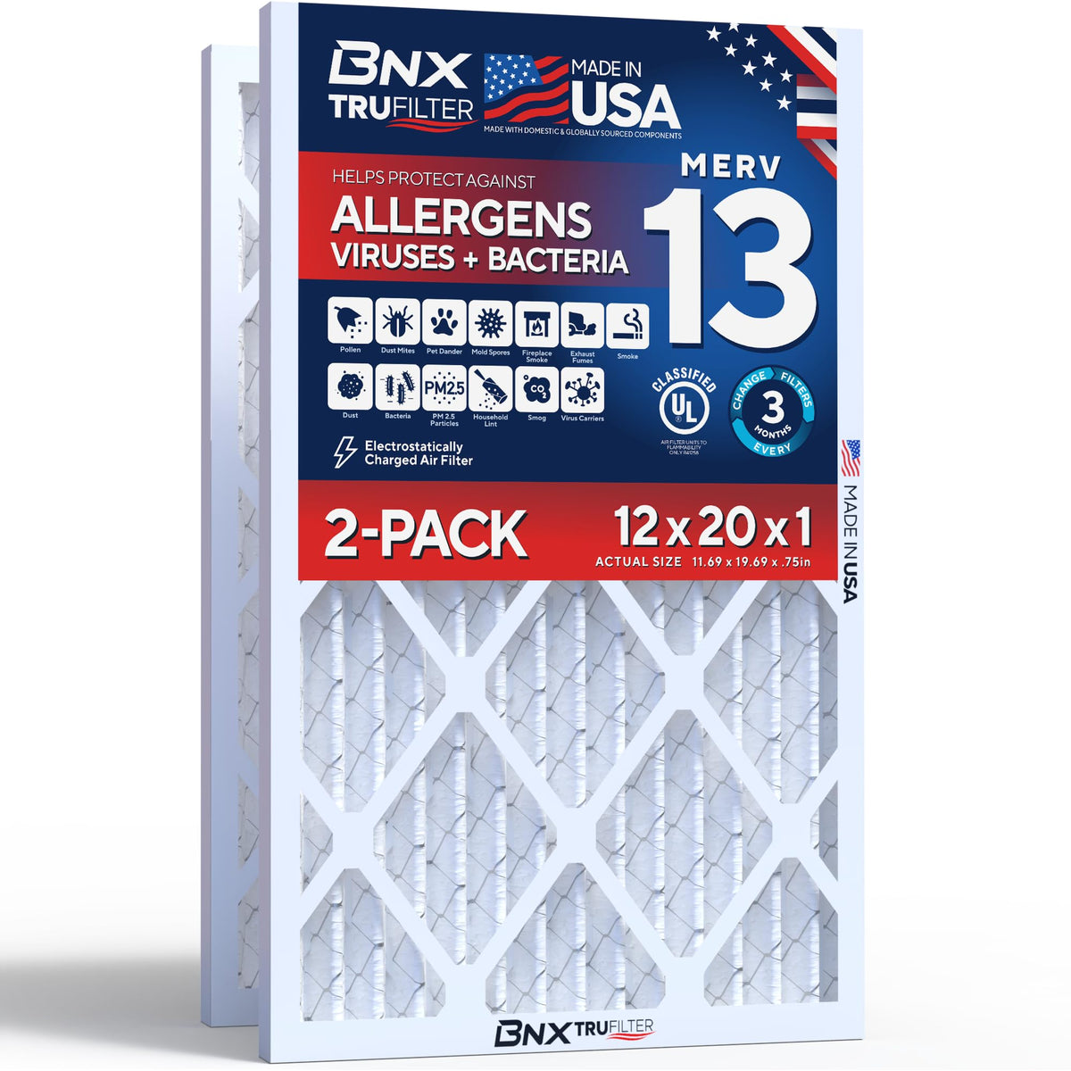 BNX TruFilter 20x20x1 Air Filter MERV 13 Smoke, Allergy, Pet Defense 6-Pack