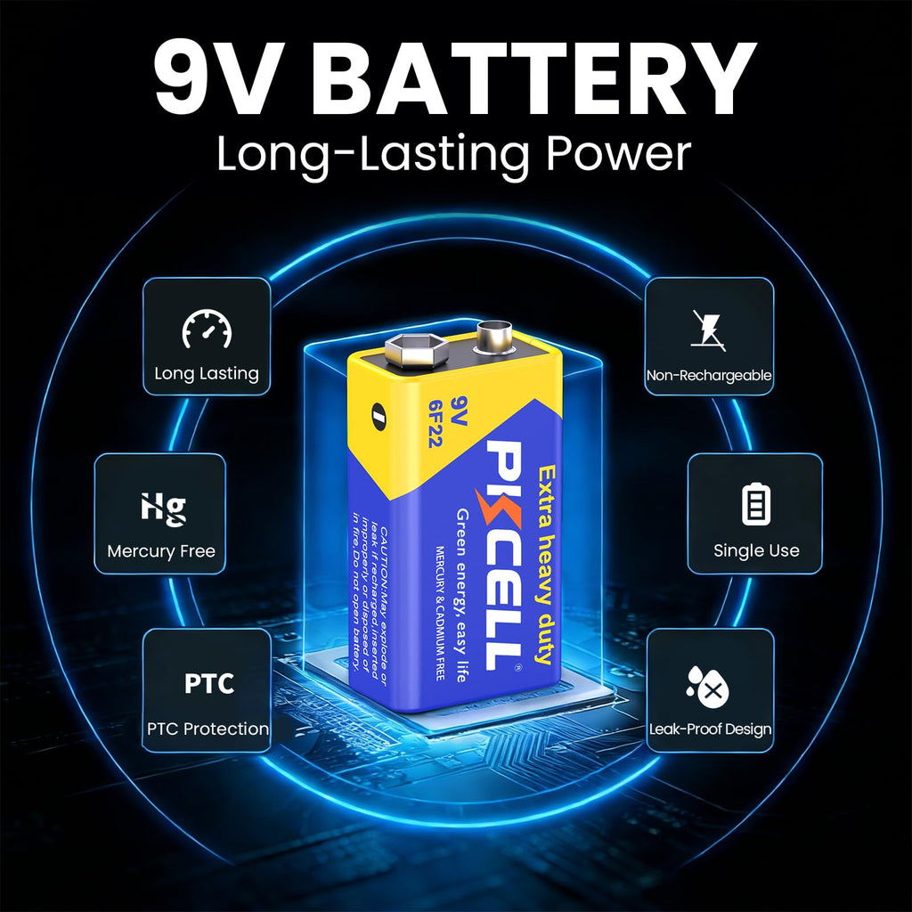 PKCELL Battery 6F22/PP3 (4 Pack) -9 Volt Square Batteries for Smoke Alarm