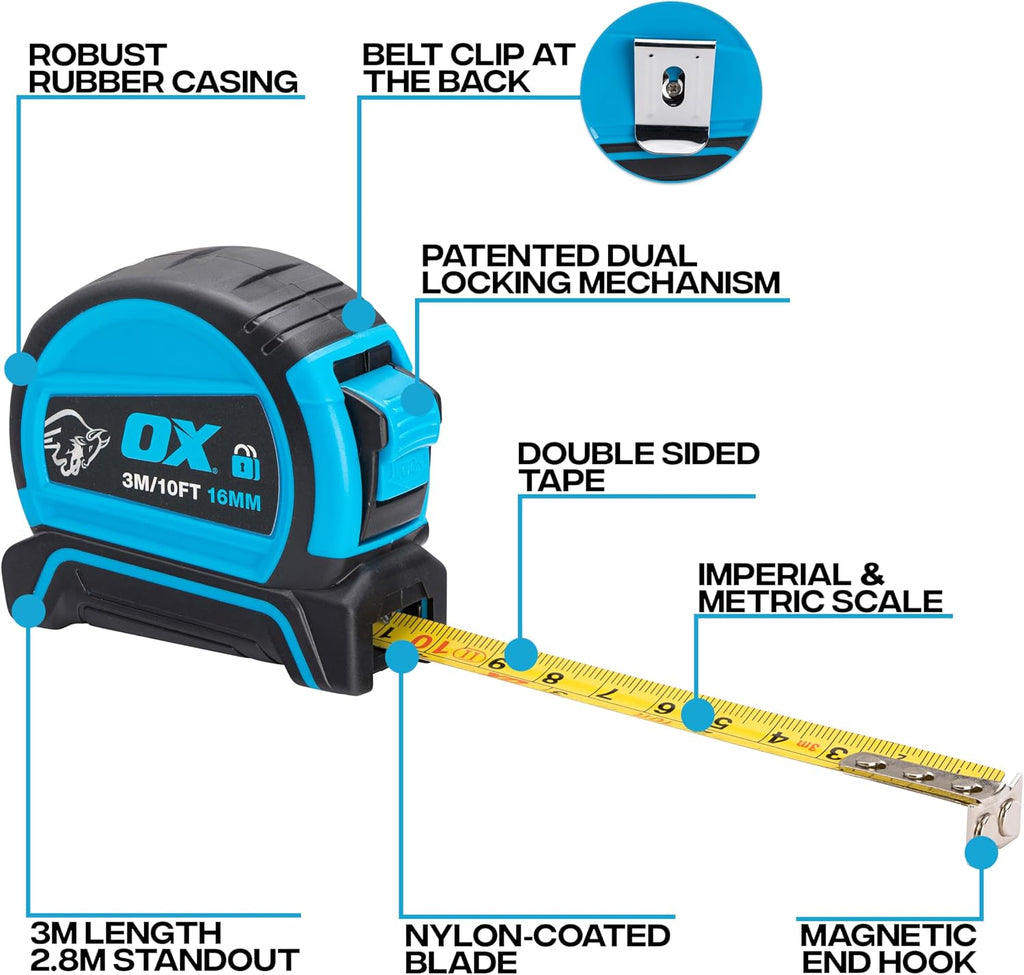 OX Pro Dual Auto Lock Tape Measure 5m, Magnetic Hook, Metric & Imperial