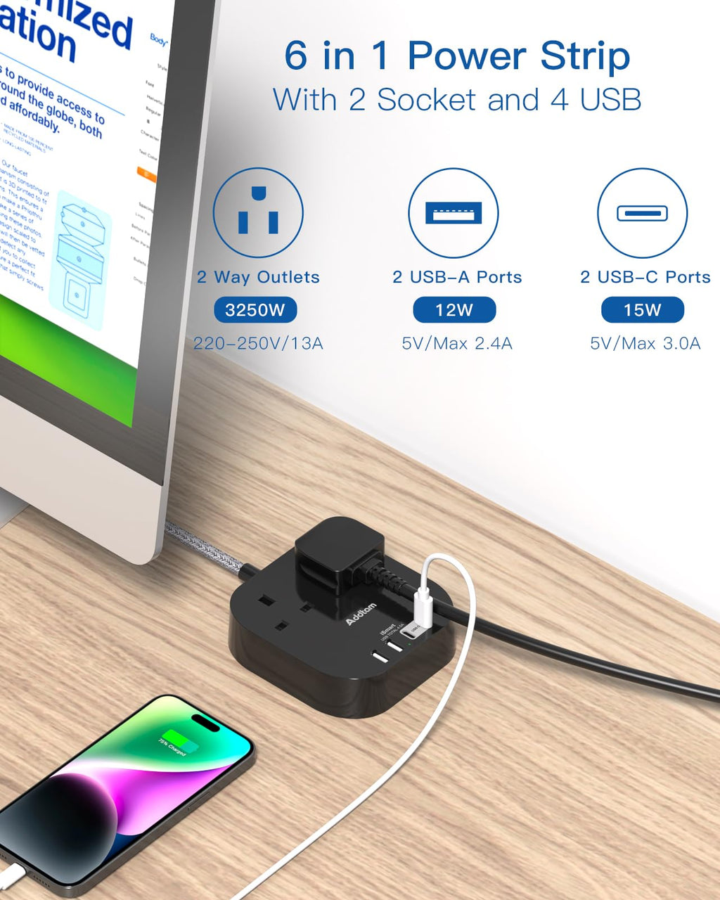 Addtam Extension Lead with USB Slots, Power Strips with 2 Way Outlets 4 USB