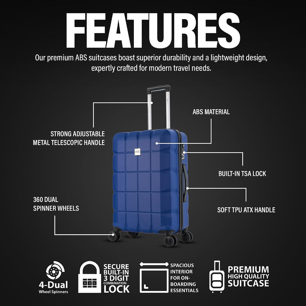 ATX Luggage Extra Large Suitcase Super Lightweight Durable ABS Hard Shell Suitcase with 4 Wheels and Built-in TSA Lock (Black, 32 Inches,132 Liter)