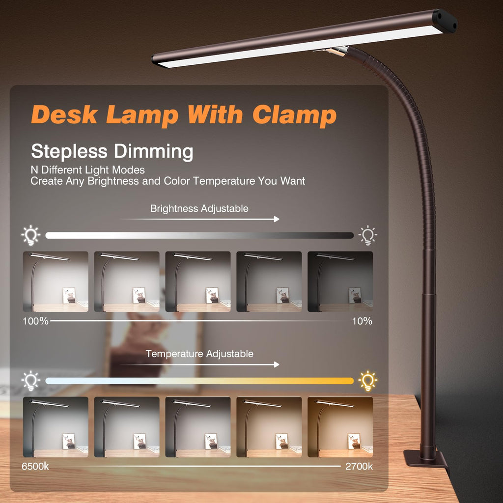 Airlonv LED Desk Lamp with Clamp, 17" Stepless Dimming Light, Black