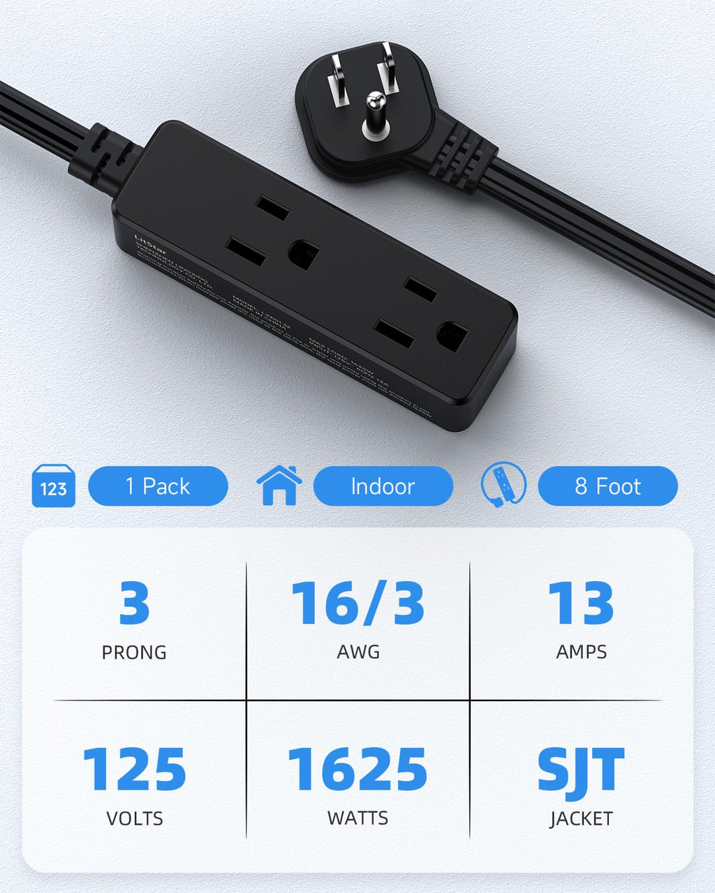 Flat Plug Extension Cord with 3 Outlets - 1Ft Low Profile Indoor 3 Prong Grounded Power Strip for Home Office & Travel - 16 AWG 13A/1625W, Black