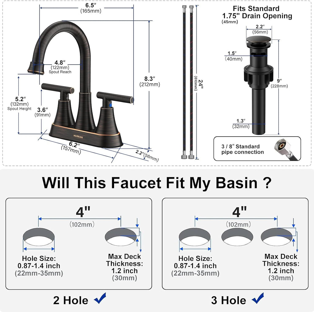 Matte Black Bathroom Faucet, Hurran 4 inch Centerset 2-Handle Lead-Free
