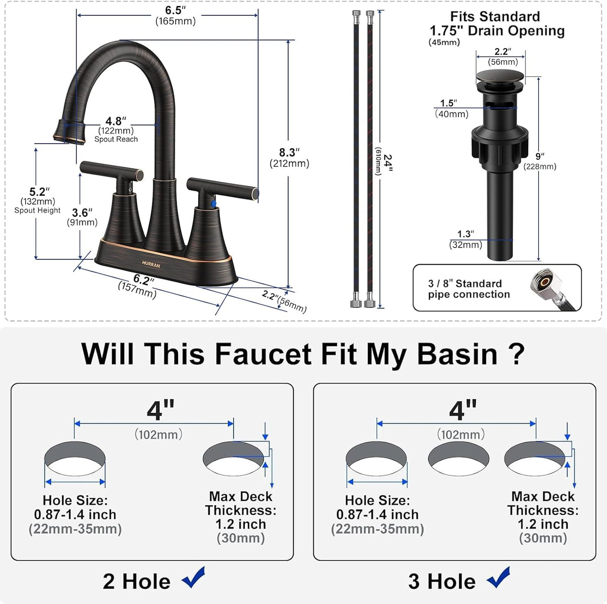 Matte Black Bathroom Faucet, Hurran 4 inch Centerset 2-Handle Lead-Free