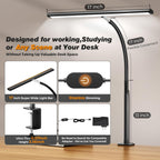 Airlonv LED Desk Lamp with Clamp, 17" Stepless Dimming Light, Black