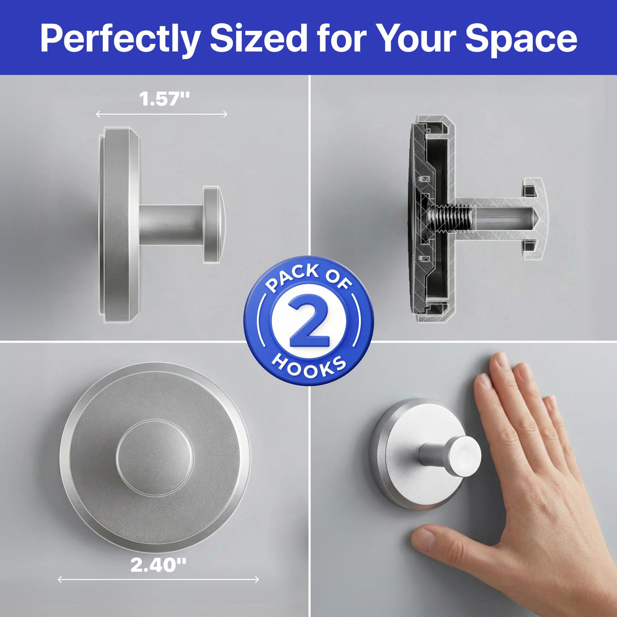 HOME SO Suction Cup Hooks for Shower & Bathroom Towel Holder 2-Pack Black