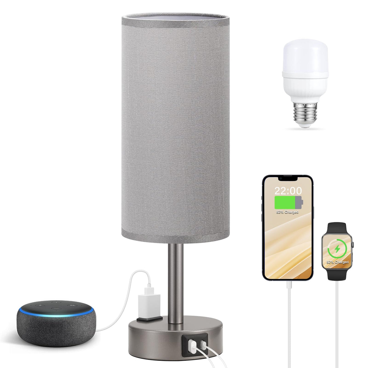 Fenmzee Bedside Table Lamp Set of 2 - Dimmable Touch, USB A+C, AC Outlet