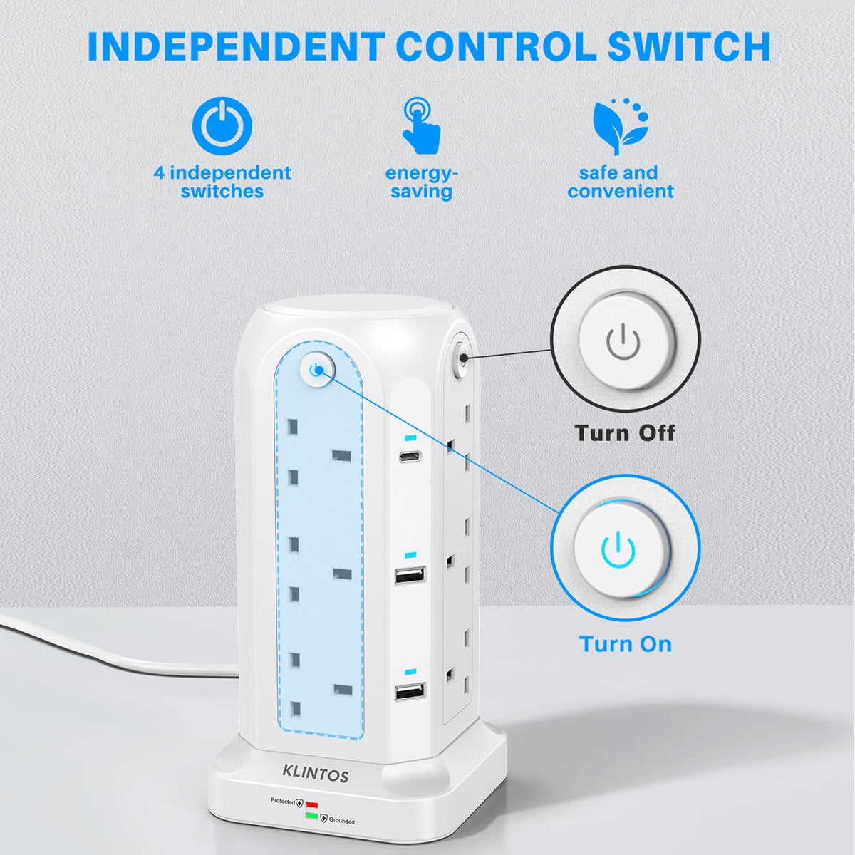 Tower Extension Lead 2M, 12 Way, 6 USB, 4 Independent Switches