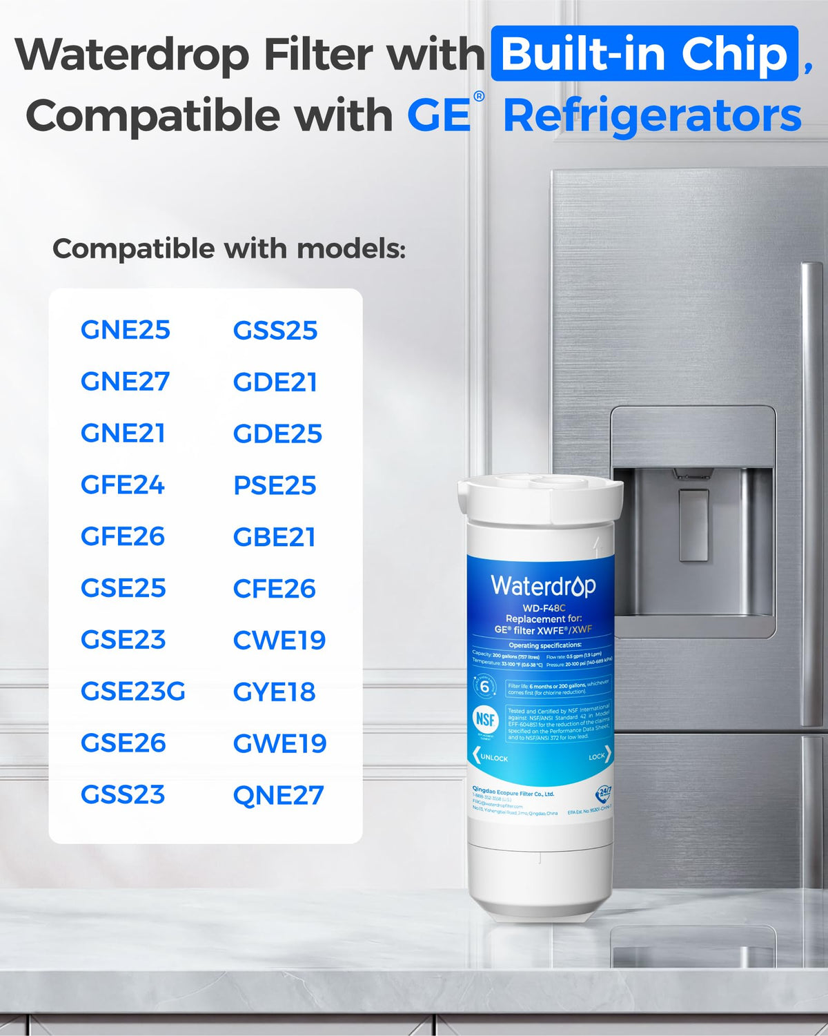 Waterdrop Plus Water Filter Replacement for GE® XWFE®, Built-in Chip 3 Pack