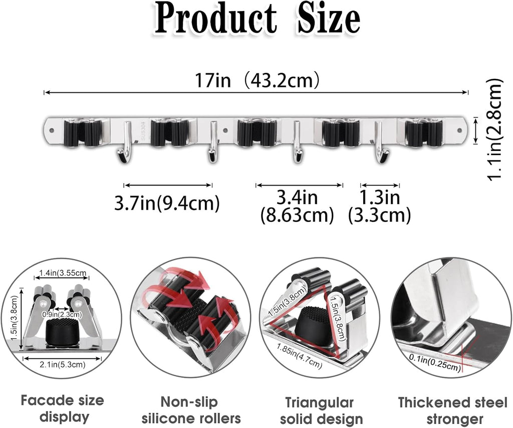 AceMining Broom Holder Wall Mount, 5 Racks 4 Hooks Heavy Duty Mop Organizer