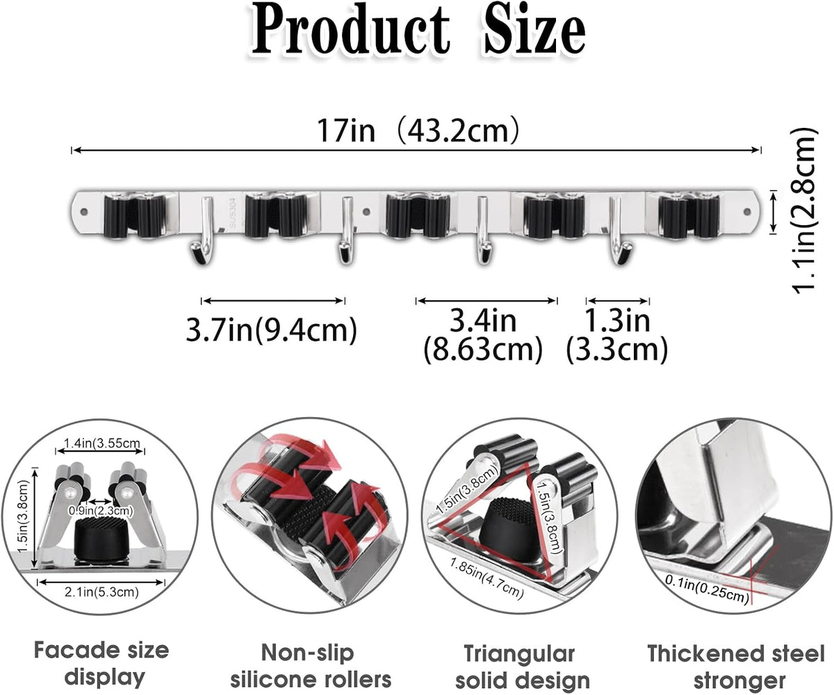 AceMining Broom Holder Wall Mount, 5 Racks 4 Hooks Heavy Duty Mop Organizer