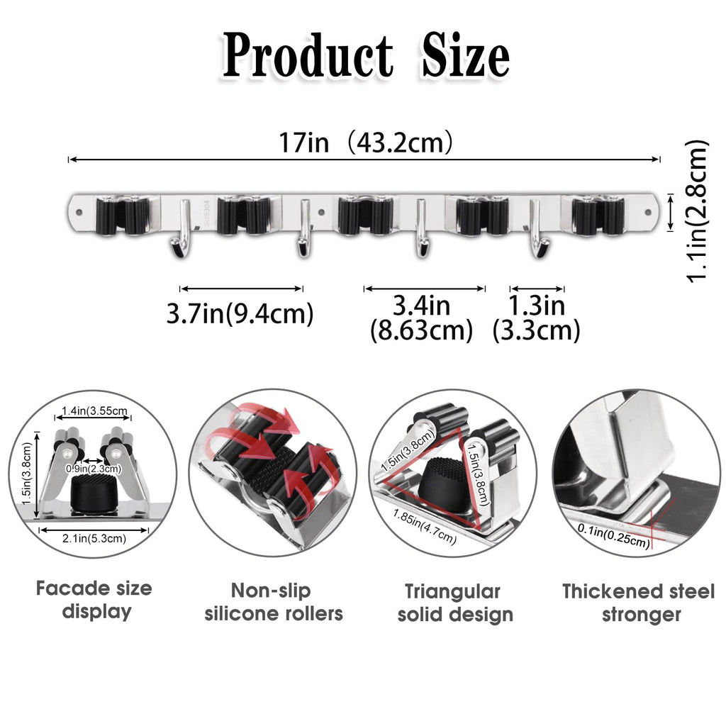 AceMining Broom Holder Wall Mount, 5 Racks 4 Hooks Heavy Duty Mop Organizer