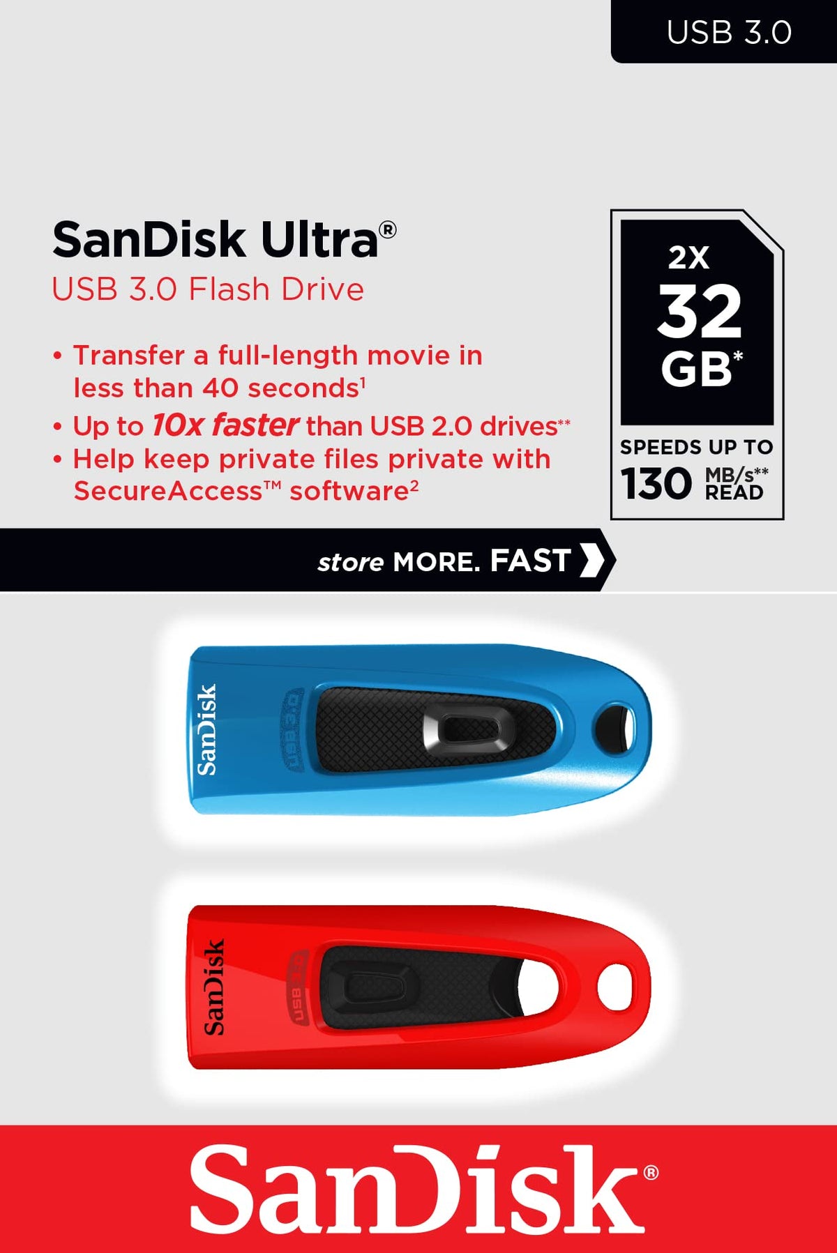SanDisk Ultra 64GB USB Flash Drive USB 3.0 up to 130MB/s Read - Pack of 3