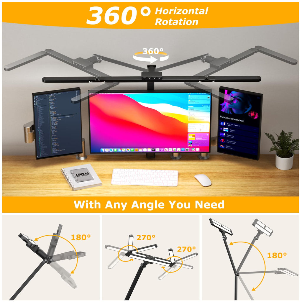 Airlonv LED Desk Lamp with Clamp, 17" Stepless Dimming Light, Black