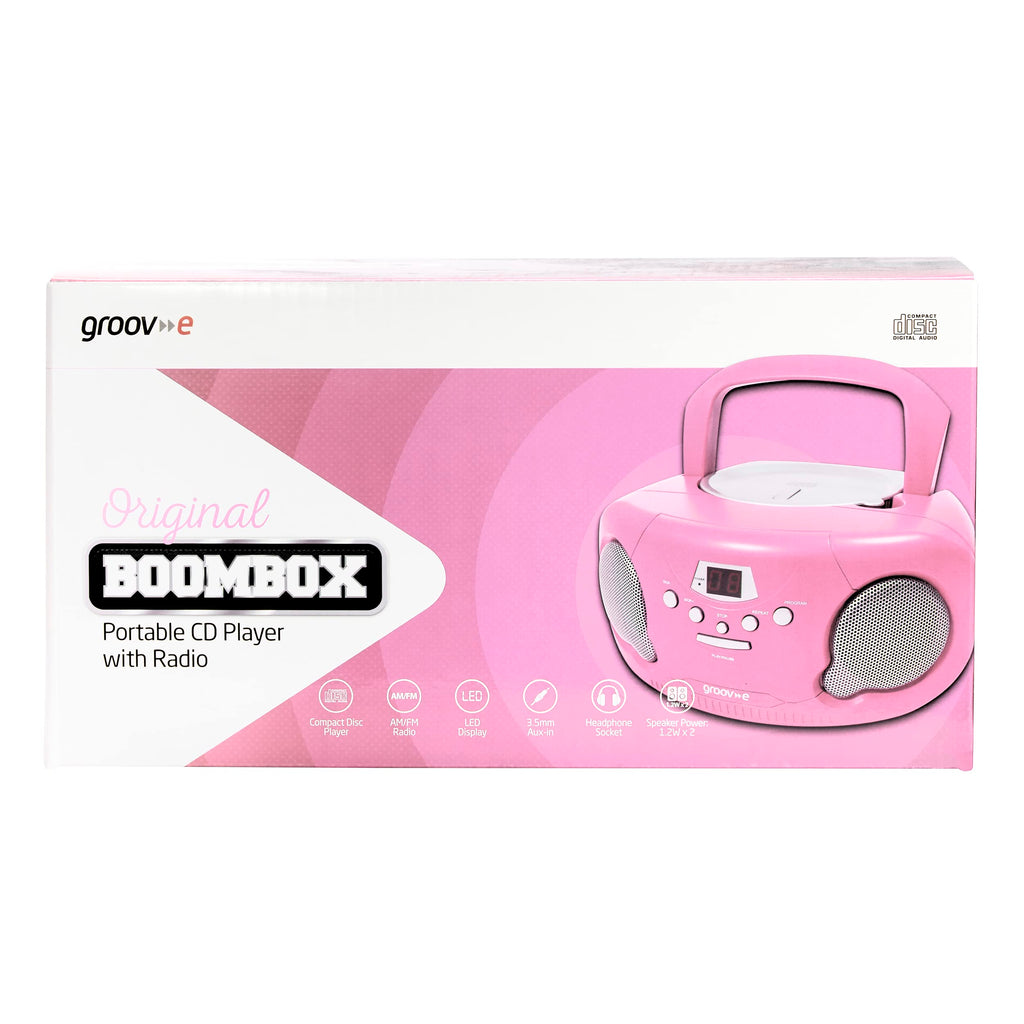 Groov-e Original Boombox - Portable CD Player with Bluetooth, Radio, 3.5mm Aux Port, & Headphone Socket - LED Display, 2 x 1.2W Speakers - Battery or Mains Powered - Blue