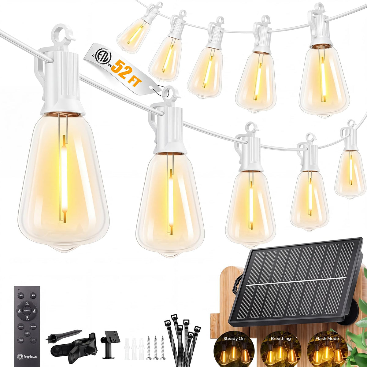 Brightown 52FT Solar String Lights Outdoor Waterproof, Last 30+ Hrs Runtime