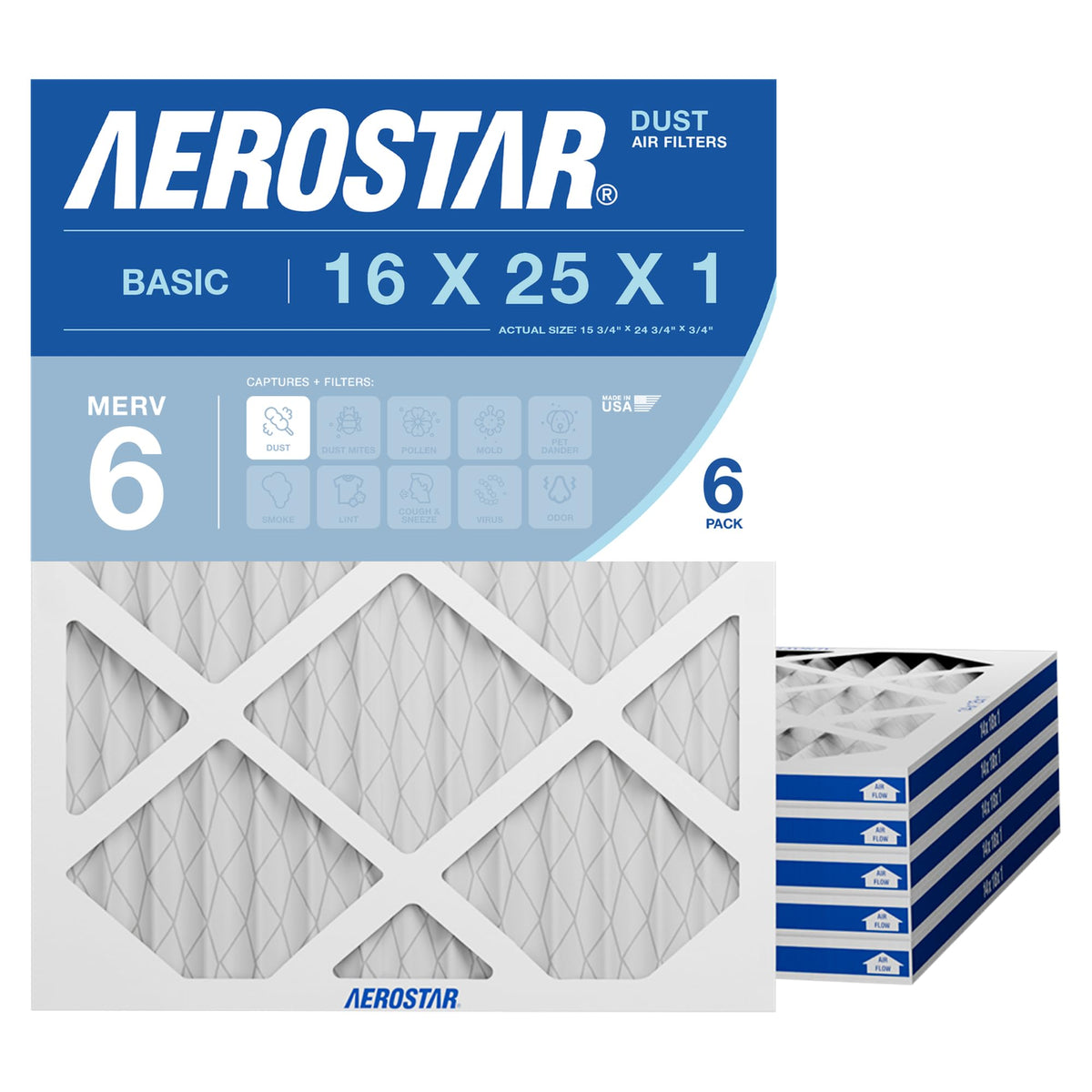 Aerostar Air Filter 16x25x1 MERV 8 AC Filter, HVAC, Furnace Filter, 6 Pack