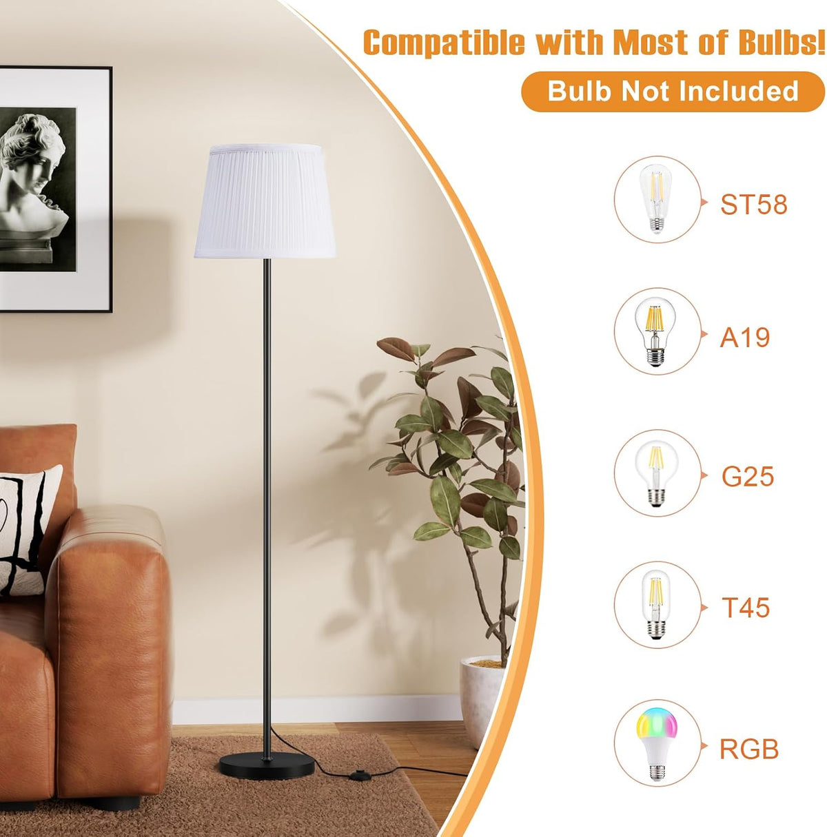 Ambimall Floor Lamp for Living Room with Smart Light Bulb, RGB + Stepless Dimmable Colors Temperature & Brightness(White Shade & Black Pole)