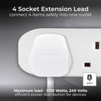 Masterplug Four Socket Extension Lead, 3 Metre Cable, Unswitched, 4-Way Plug Extension Cable, Power Strip, Basic Power, White, 13A, 4G, 3m, BFG3N