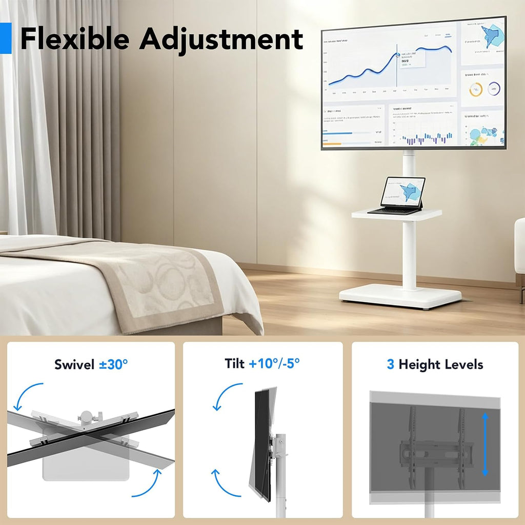 Floor TV Stand with Mount for 26-55 inch TVs up to 35 kg, Height Adjustable Swivel Tilt TV Stand with Wood Base & Shelf, Saving Space Design for Bedroom, Living Room and Corner, White