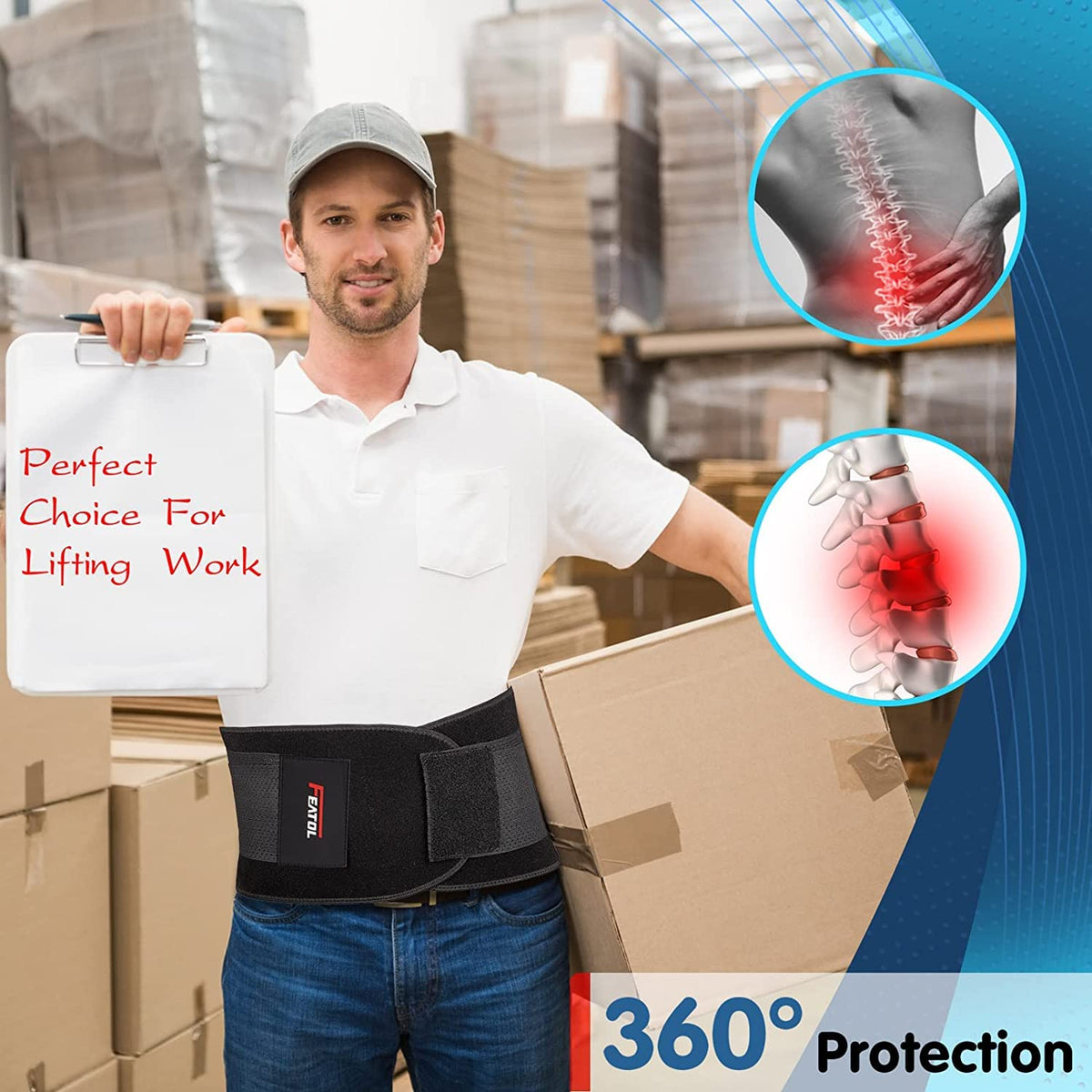 FEATOL Back Brace for Men & Women, Lower Back, Sciatica Pain Relief