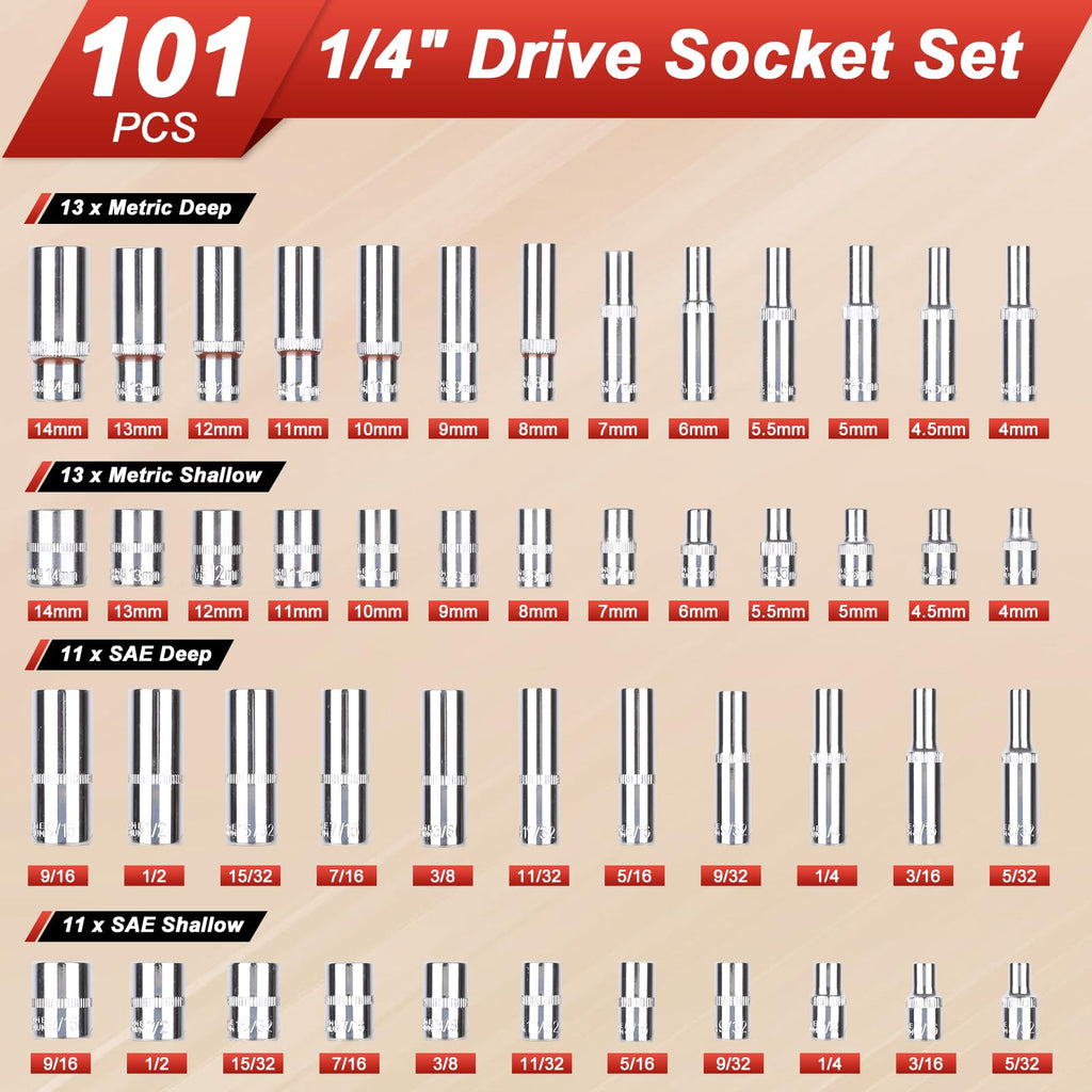 Egofine 46 Pieces 1/4 inch Drive Socket Ratchet Wrench Set, with Bit Socket Set Metric and Extension Bar for Auto Repairing and Household, with Storage Case