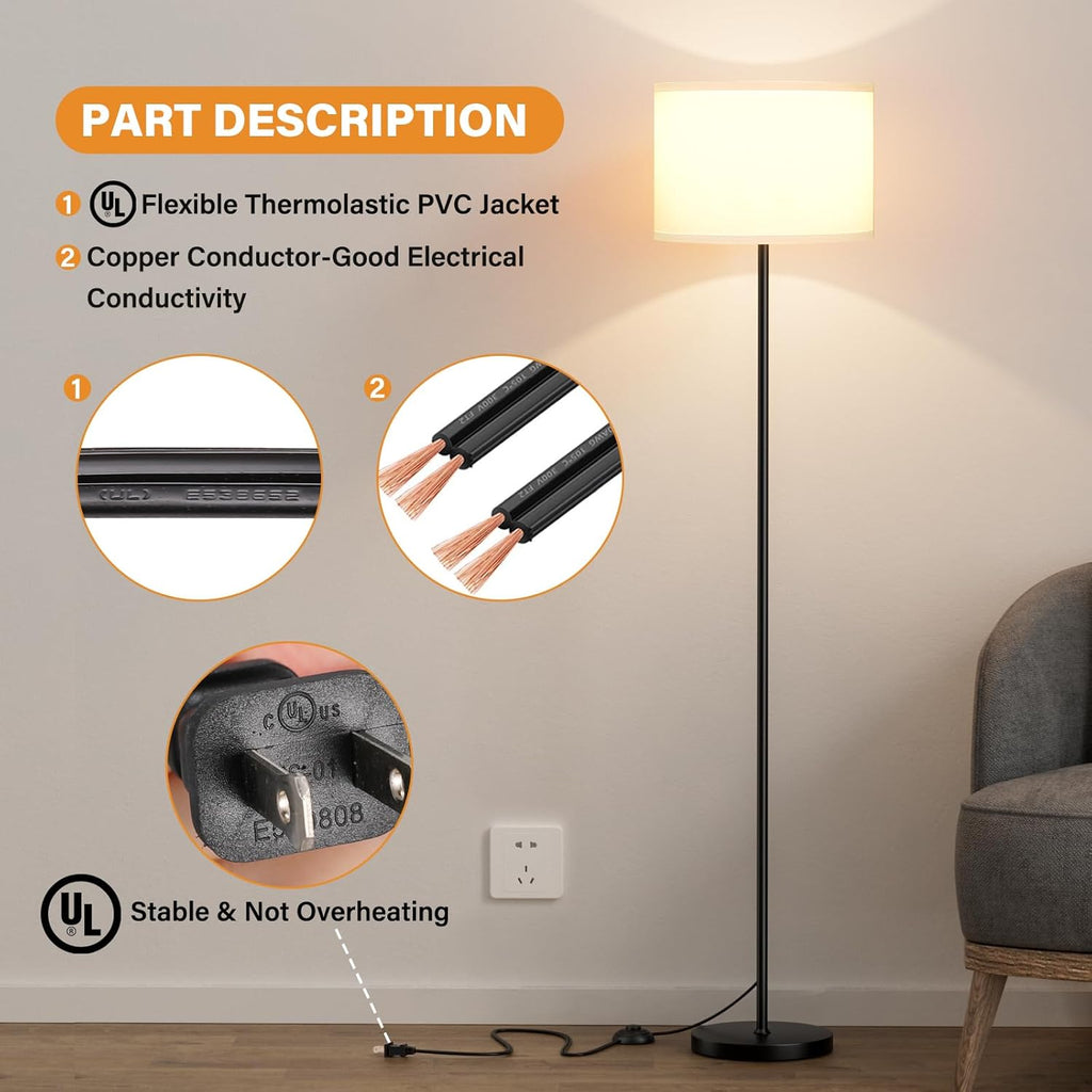 Ambimall Floor Lamp for Living Room with Smart Light Bulb, RGB + Stepless Dimmable Colors Temperature & Brightness(White Shade & Black Pole)