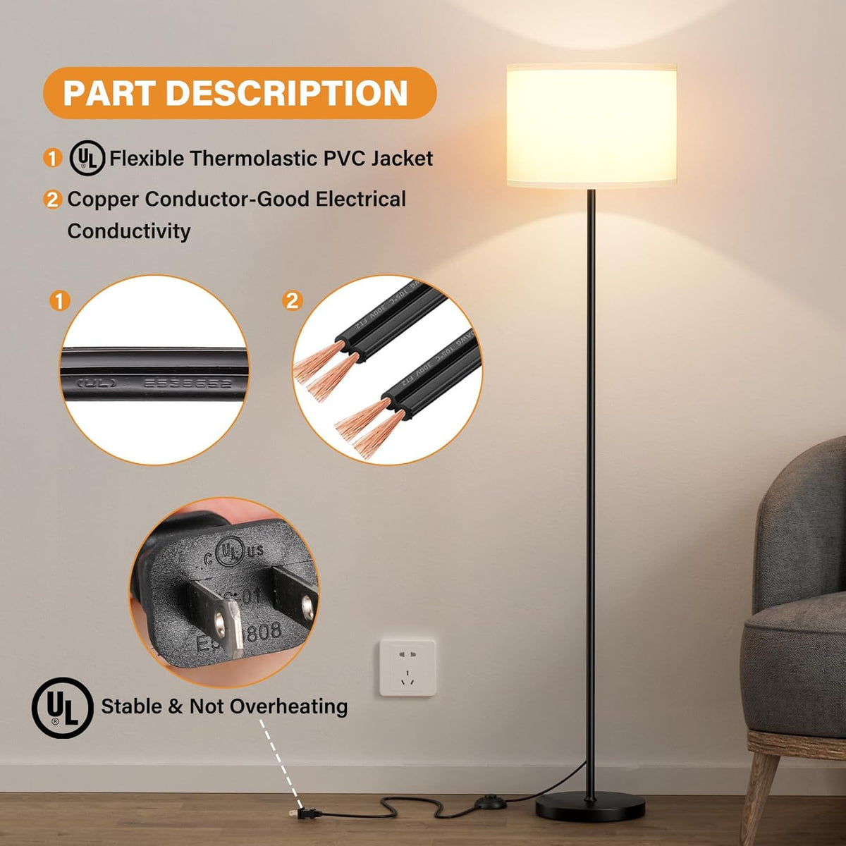 Ambimall Floor Lamp for Living Room with Smart Light Bulb, RGB + Stepless Dimmable Colors Temperature & Brightness(White Shade & Black Pole)
