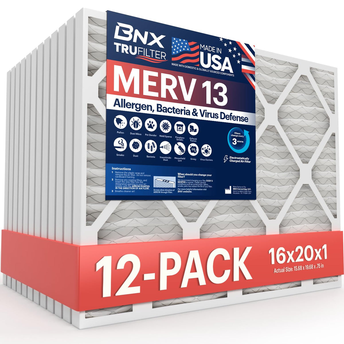 BNX TruFilter 20x20x1 Air Filter MERV 13 Smoke, Allergy, Pet Defense 6-Pack