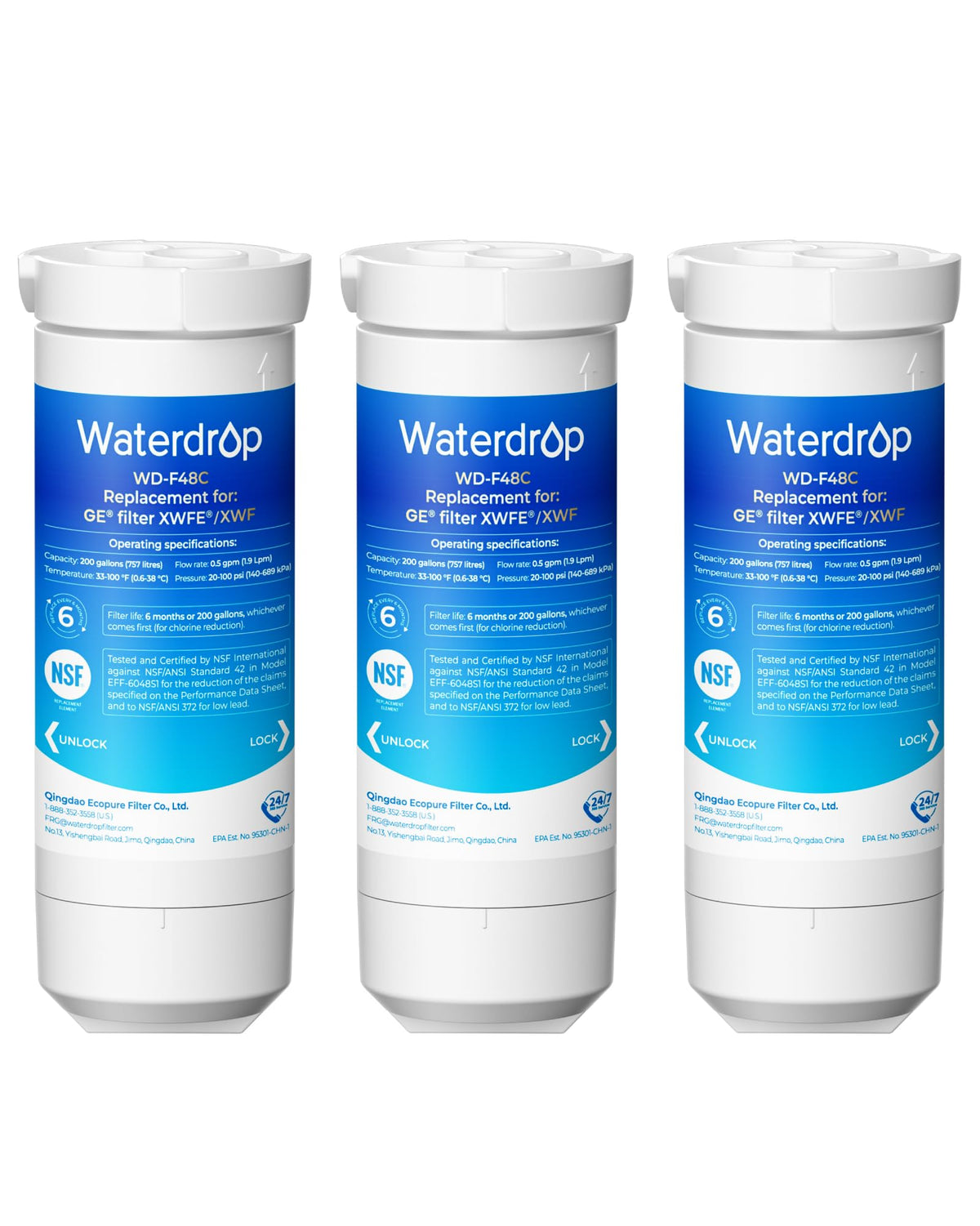 Waterdrop Plus Water Filter Replacement for GE® XWFE®, Built-in Chip 3 Pack