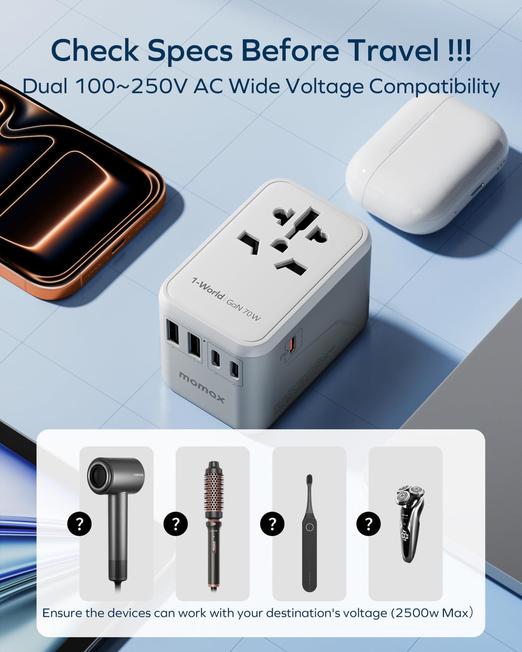 MOMAX Universal Travel Adapter 70W GaN Travel Plug Adapter for UK/EU/AU/US