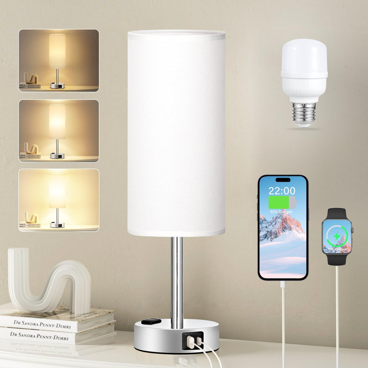 Fenmzee Bedside Table Lamp Set of 2 - Dimmable Touch, USB A+C, AC Outlet