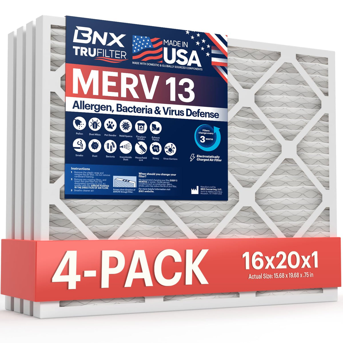 BNX TruFilter 20x20x1 Air Filter MERV 13 Smoke, Allergy, Pet Defense 6-Pack