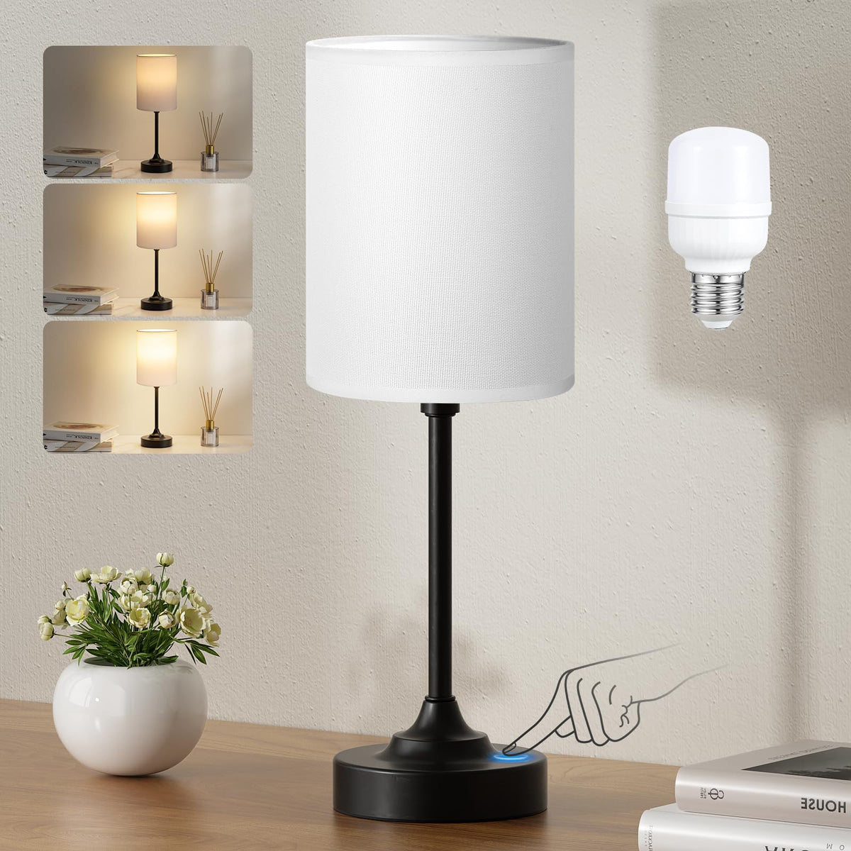 Fenmzee Bedside Table Lamp Set of 2 - Dimmable Touch, USB A+C, AC Outlet