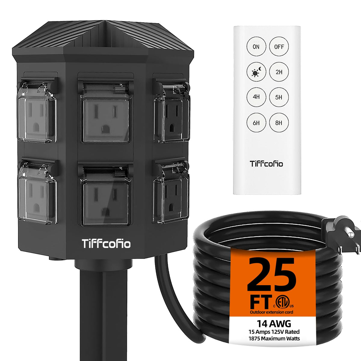 TiFFCOFiO Outdoor Power Stake Timer, 100FT Remote Control, Dusk to Dawn Christmas Light Timer, 6FT Extension Cord Waterproof, 6 Grounded Outlets for Outdoor Christmas Decorations, ETL Listed