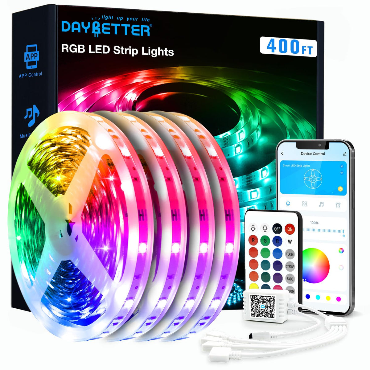 DAYBETTER LED Strip Lights 130ft Lights Strip for Bedroom, Desk, Indoor Room Bedroom Birthday Gifts RGB Decor with Remote and 24V Power Supply