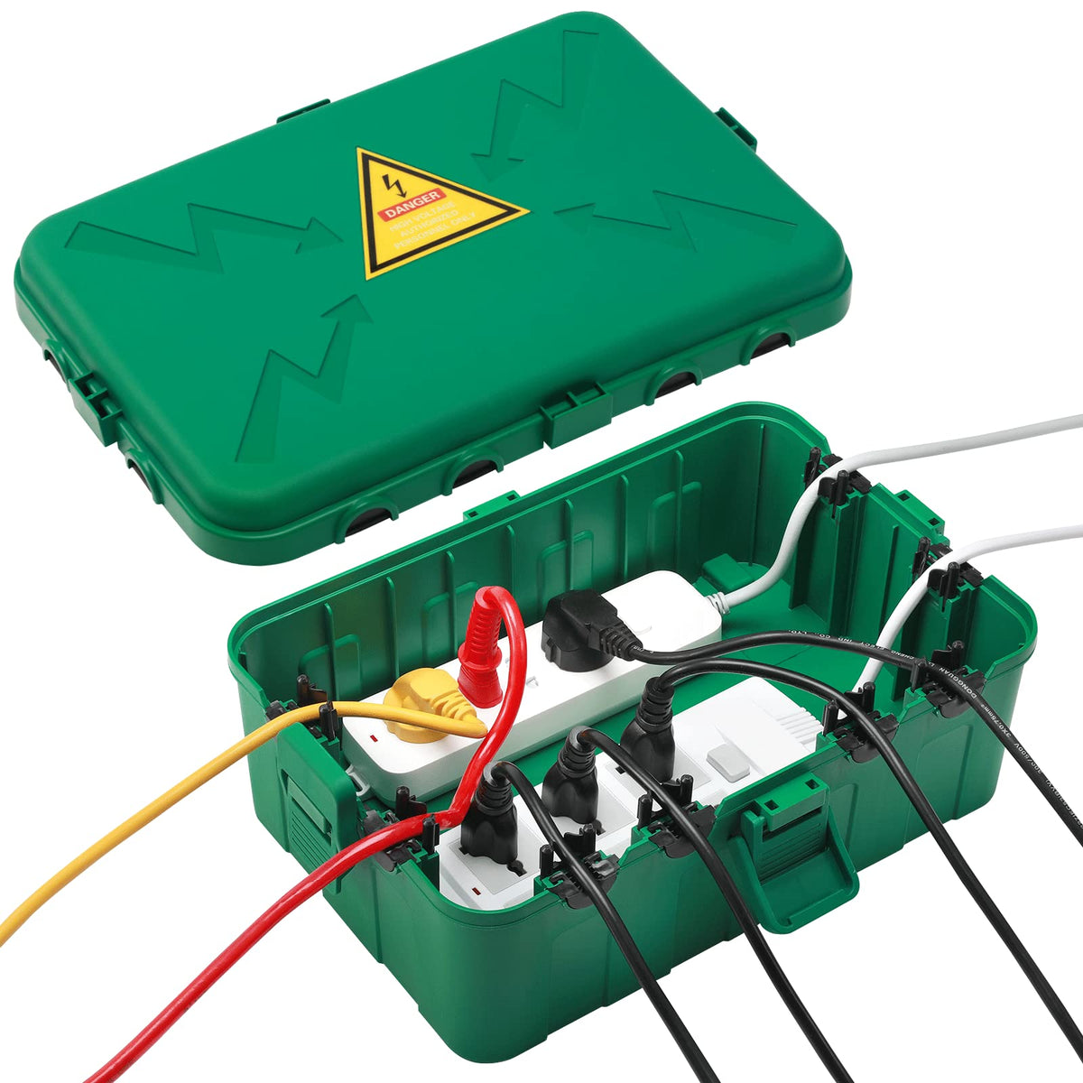 Hrensaw Medium Outdoor Electrical Box(10.6x5.5x4.5inch),Weatherproof Connection Box w/6 Cable Entry,IP54 Waterproof Extension Cord Cover Protect Power Strip,Timer,Plug,Holiday Lights,Black