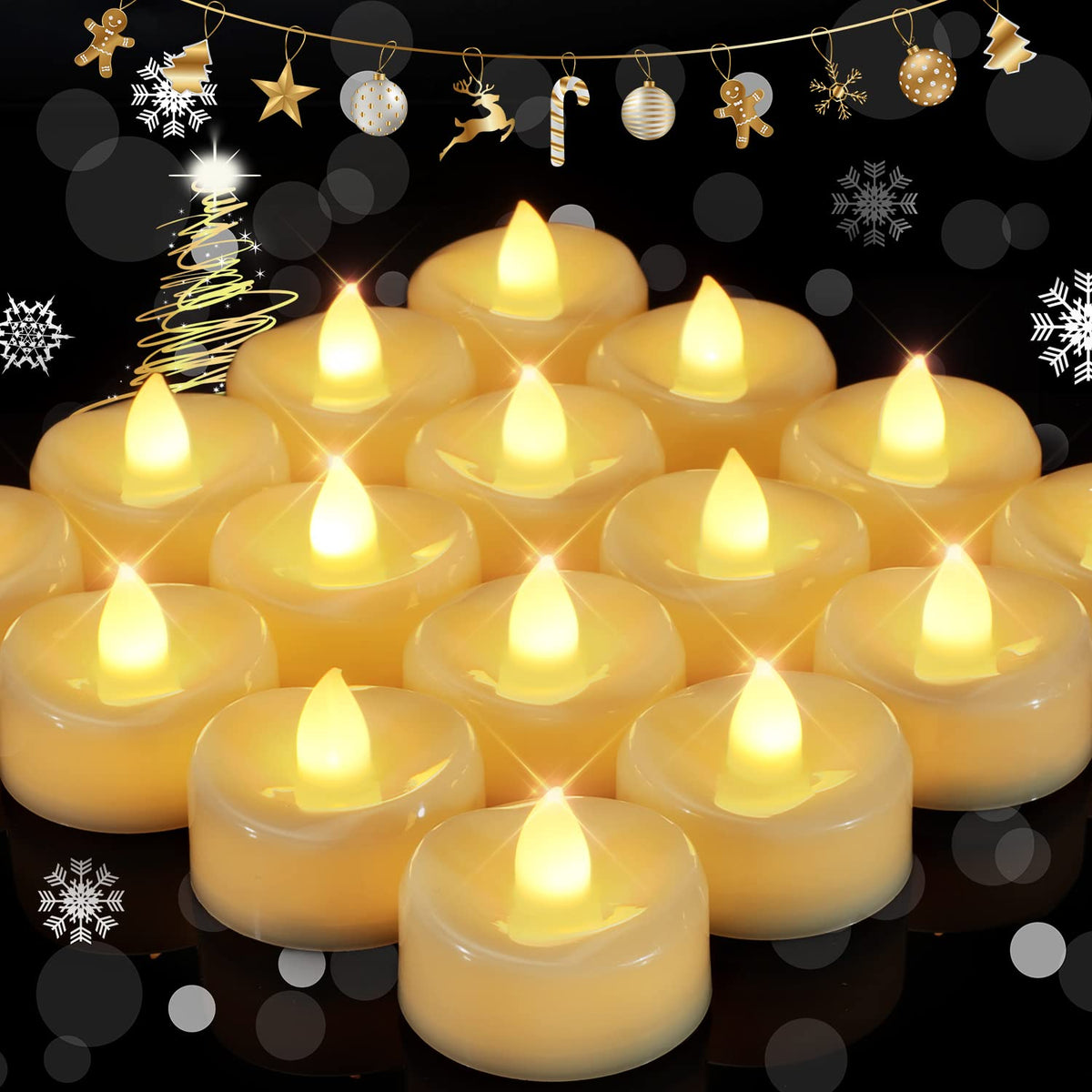 merrynights Flameless Candles, 24 Pack LED Tea Lights Candles Battery Operated, Last 200+ Hrs Flickering Tea Lights, Flameless Tealight Candles for Halloween Diwali Fall Christmas Wedding